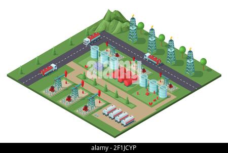 Isometrisches Industrieöl-Feldwerkskonzept mit Bohrgeräten LKW Tanks von Erdöl elektrische Türme Vektor-Illustration Stock Vektor