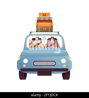 Glücklicher Mann und Frau fahren Oldtimer mit Urlaub Koffer, Haustier Hund auf isolierten weißen Hintergrund. Road Trip Reisekonzept. Stock Vektor