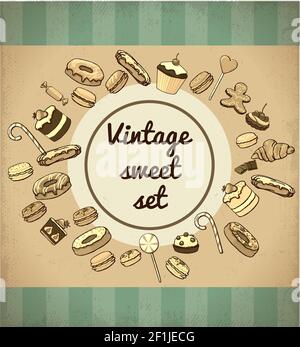 Vintage süße Produkte und Desserts Vorlage mit Donuts Bonbons Lutscher Makronen Croissant Cookie Kuchen Muffin Schokolade Bars Vektor-Illustration Stock Vektor
