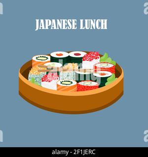 Buntes japanisches Food-Konzept mit verschiedenen Arten von Sushi Wasabi Und Essstäbchen isoliert Vektor-Illustration Stock Vektor
