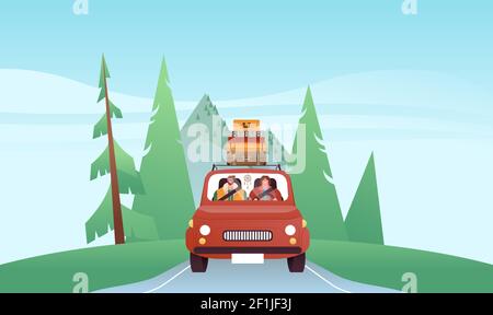 Glücklicher Mann und Frau Auto fahren in der Vorderansicht, Retro-Fahrzeug auf Bergwald Landschaft Hintergrund. Moderne flache Cartoon Figur Illustration für r Stock Vektor