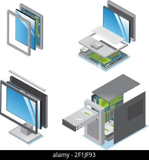 Isometrische moderne Geräte und Gadgets Set mit Teilen und Komponenten Von Tablet-Laptop-Computer Monitor-Systemeinheit isoliert Vektor-Abbildung Stock Vektor