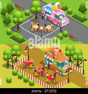 Isometrische Street Food horizontale Banner mit Leuten, die Snacks kaufen Eis und Pizza LKW Vektor-Illustration Stock Vektor