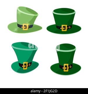 Set von grünen Kobold Hüte isoliert auf weißem Hintergrund Nahaufnahme. Flaches Design für St. Patrick's Day Feiertagsdekoration. Stockfoto