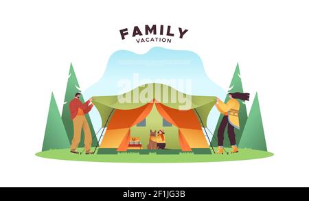 Familienurlaub Illustration Vorlage von glücklichen Mama, Papa, Tochter und Haustier Hund Einstellung Camping Zelt. Öko-Tourismus oder Outdoor-Reisekonzept auf isoliert Stock Vektor