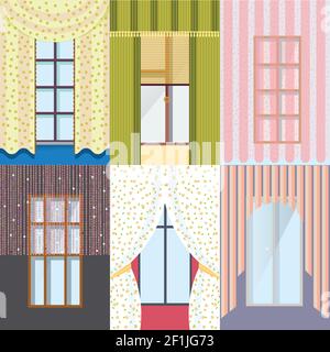 Bunte klassische Fenster Sammlung mit verschiedenen Arten von Vorhängen in Vektordarstellung im flachen Stil Stock Vektor
