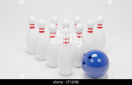 3d-Rendering einer Reihe von Bowling Kegeln und Ball isoliert auf weißem Hintergrund.Digitale Bilddarstellung. Stockfoto