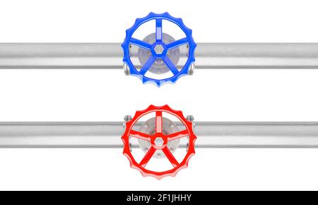 3D Darstellung von blauen und roten Ventilen auf Stahlrohren von oben isoliert auf weißem Hintergrund.Illustration eines digitalen Bildes für Industrie. Stockfoto