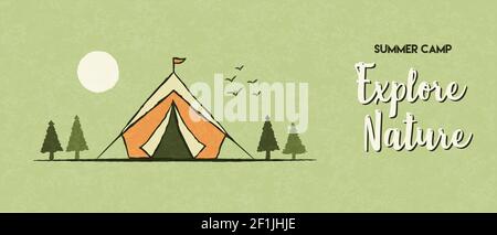 Entdecken Sie Natur Web-Banner von Camping Zelt in Pinienwald Landschaft. Öko-Tourismus oder Sommercamp Konzept. Stock Vektor