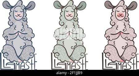 Llamaste. Set von niedlichen Locken Lamas meditiert in der Lotus-Position. Illustration mit Schriftzug für Malvorlagen, Kinder- und Erwachsenendrucke, Baby sh Stock Vektor