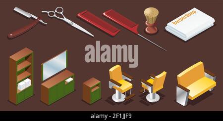 Isometrische Friseur-Shop Elemente mit Rasiererkämmen Scheren Rasieren gesetzt Pinsel Handtuch und Inneneinrichtung isoliert Vektor Illustration Stock Vektor