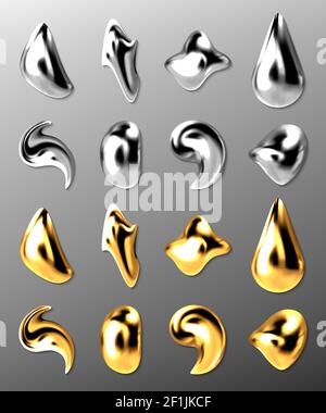 Flüssige Gold- oder Silbertropfen, 3D abstrakte Quecksilber- und Goldmetalltropfen, Farbe, Kosmetiköl, Kollagenkapseln verschiedener Formen, metallische Textur isoliert auf grauem Hintergrund, realistischer Vektor-Satz Stock Vektor