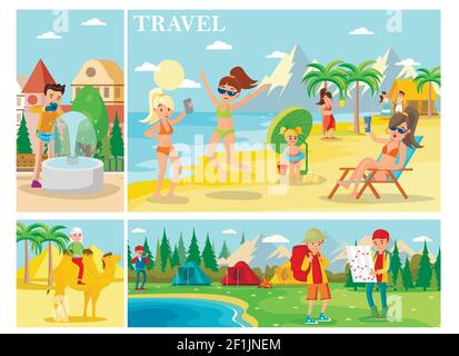 Wohnung Sommerurlaub Zusammensetzung mit Menschen entspannen am Strand Mann Reiten Kamel Touristen Camp in Wald Vektor-Illustration Stock Vektor