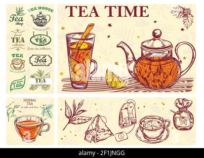 Skizze Tea Time buntes Konzept mit Glas Tasse Teekanne Getränke Kräuter Taschen und Tee Etiketten Vektor-Illustration Stock Vektor