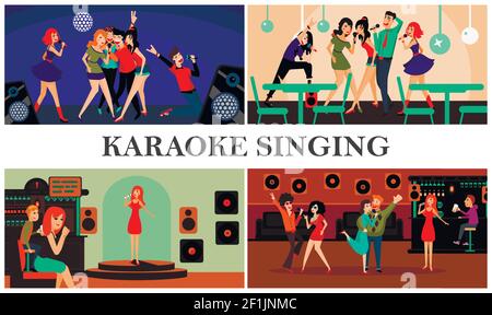 Flat Karaoke Party bunte Komposition mit glücklichen Männern und Frauen Singen Karaoke in Club Vektor Illustration Stock Vektor