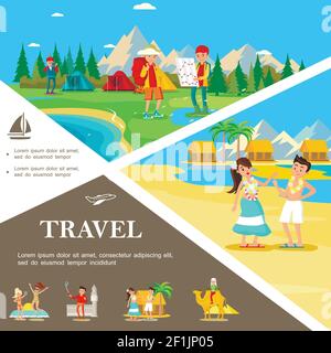 Flache Sommerreise bunte Vorlage mit Feriencamp im Wald Menschen entspannen sich am tropischen Strand in Hawaii Vektor Illustration Stock Vektor