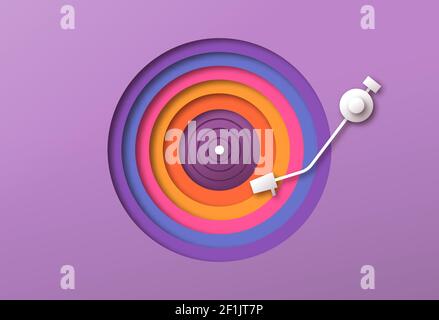 Bunte Papercut Vinyl Plattenspieler mit Regenbogen Scheibe Ausschnitt Kreis. Retro-Musik-Design im trendigen 3D Papierhandwerk-Kunststil. Spaß musikalische Veranstaltung, Party Stock Vektor