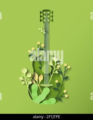 Grüne Akustikgitarre Instrument in 3D Papier geschnitten Handwerk Stil mit natürlicher Dekoration und Pflanzenblatt. Geräusche der Natur, Live-Musik Veranstaltung Illustration c Stock Vektor