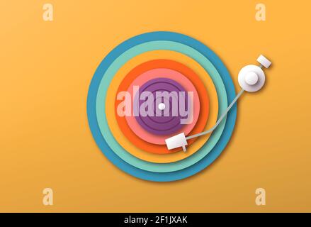 Bunte Papercut Vinyl-Schallplattenspieler mit Grammophon Nadel, Retro-Musik-Design in trendigen 3D Papier Handwerk Kunst Stil. Spaß musikalische Veranstaltung, Party feiern Stock Vektor