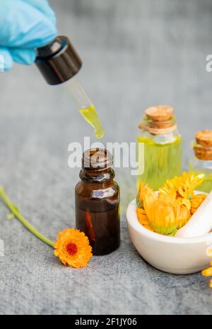 Der Ringelblume Extrakt. Selektive Fokusmedizin Stockfoto