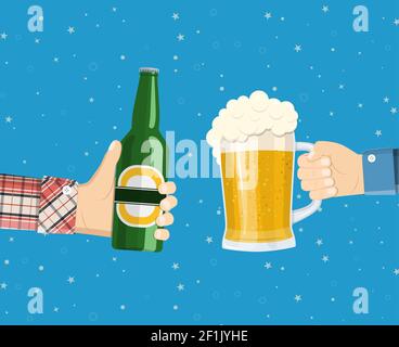 Hände halten Bierglas und Bierflasche. Stock Vektor