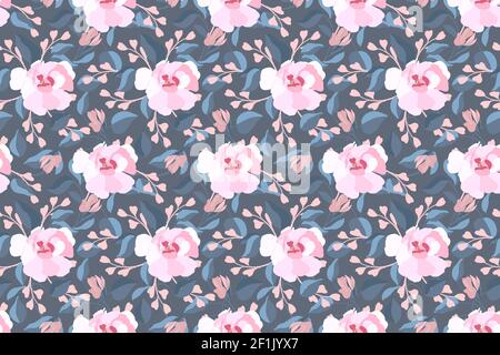 Kunst floral Vektor nahtloses Muster. Rosa Blüten, blaue Blätter. Gartenblumen, Knospen isoliert auf einem grauen Hintergrund. Endloses Muster. Stock Vektor