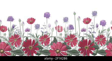 Vektor Blumen nahtlose Grenze. Sommerblumen, Kräuter, Blätter. Gaillardia, Ringelblume, Ochsenblume, Rosmarin, Lavendel, Salbei, Allium. Rote, violette Blüten Stock Vektor