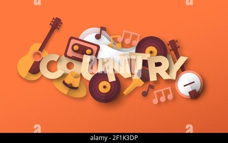 Country-Musik-Stil Illustration mit 3D Papier geschnitten Musikinstrument Ausrüstung Symbole. American Band Konzert, Live Western Event Konzept. Inklusive aco Stock Vektor