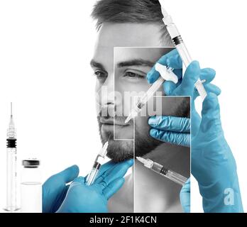 Collage von jungen Mann erhalten Füllstoff-Injektionen auf weißem Hintergrund Stockfoto
