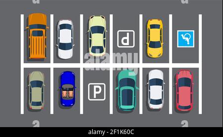 Stadtparkplatz mit verschiedenen Autos. Stock Vektor