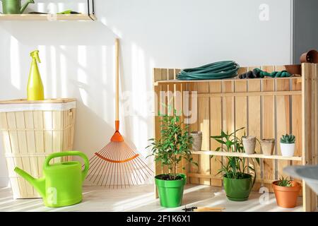 Set von Gartenbedarf und Zimmerpflanzen in Scheune Stockfoto
