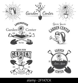 Set von Vintage-Gartencenter Embleme, Etiketten, Abzeichen, Logos und gestaltete Elemente. Monochromer Stil Stock Vektor