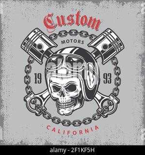 Vintage Motorrad Print mit Totenkopf im Motorradhelm und gekreuzten Kolben auf grange Hintergrund. Stock Vektor