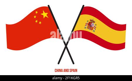 China und Spanien Flaggen gekreuzt und winken Flat Style. Offizieller Anteil. Korrekte Farben. Stockfoto