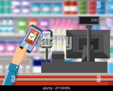 Am POS-Terminal wird die Zahlung per Bankkarte bestätigt. Stock Vektor