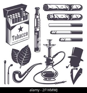 Set von Vintage-Tabak-Elementen. Monochromer Stil. Isoliert auf weißem Hintergrund. Stock Vektor