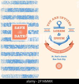 Nautische Hochzeitseinladung mit designten nautischen Elementen. Seemann-Thema Stock Vektor