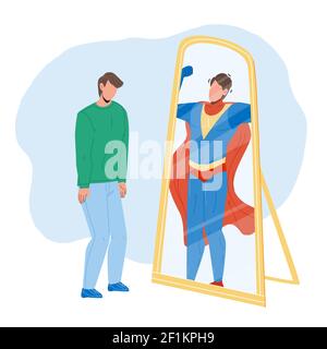 Man Sieht Sich In Spiegel Als Super Hero Vector Stock Vektor