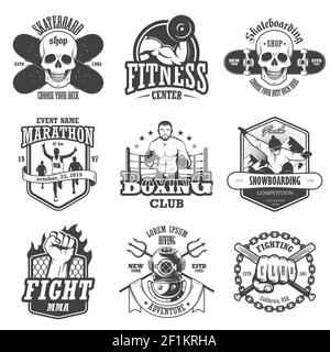 Set von Vintage-Sport-Embleme, Etiketten, Abzeichen und Logos. Monochromer Stil Stock Vektor