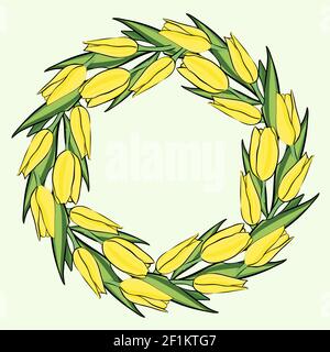 Runder Rahmen mit gelben Tulpen. Kreis mit leuchtend gelben Blüten. Vektor.Blumenrahmen, rund. Stock Vektor