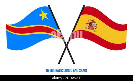 Demokratische Kongo und Spanien Flaggen gekreuzt & winken Flat Style. Offizieller Anteil. Korrekte Farben. Stockfoto