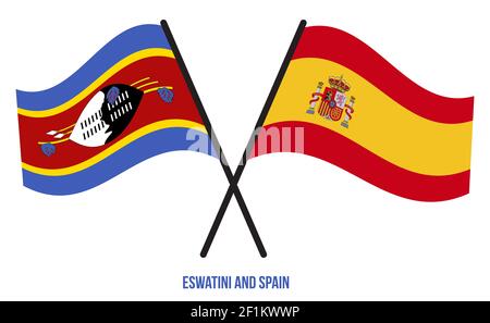 Eswatini und Spanien Flaggen gekreuzt und winken Flat Style. Offizieller Anteil. Korrekte Farben. Stockfoto