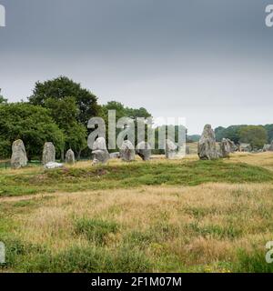 Quadratische Ansicht der stehenden Steinfassungen von Carnac In der Bretagne Stockfoto