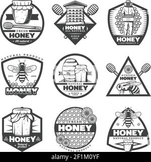 Vintage monochrome Honigetiketten Set mit Bienenstock Imker Sticks Biene Blumen Gläser Waben isoliert Vektor Illustration Stock Vektor