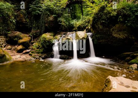 Idyllischer kleiner Wasserfall in üppig grüner Waldlandschaft Stockfoto