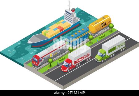 Isometrisches logistisches Transportkonzept mit Schiffsfracht Zug und LKW Transport Ladung isoliert Vektor-Abbildung Stock Vektor