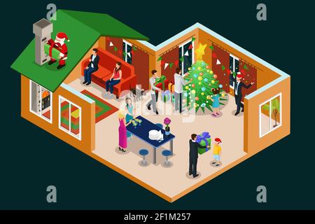 Isometrisches Weihnachtskonzept mit Menschen, die Neujahr feiern Haus und Weihnachtsmann mit Geschenken auf Dach isoliert Vektor Abbildung Stock Vektor
