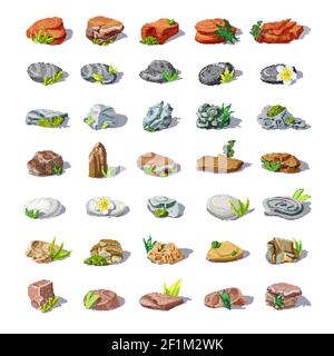 Cartoon bunte Steine mit Felsbrocken Kieselsteine Sandsteine Rubine Pflastersteine gesetzt Felsen von verschiedenen Formen isoliert Vektor-Illustration Stock Vektor