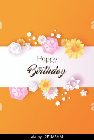 Happy Birthday Karte, rosa Blumenschablone mit leerem weißen Rahmen. Feminine Geburt Tag Feier Hintergrund, schöne Papier geschnitten Blumen für Party oder Stock Vektor