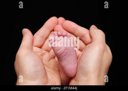 Neugeborenes Baby Füße in die Hand des Vaters Stockfoto